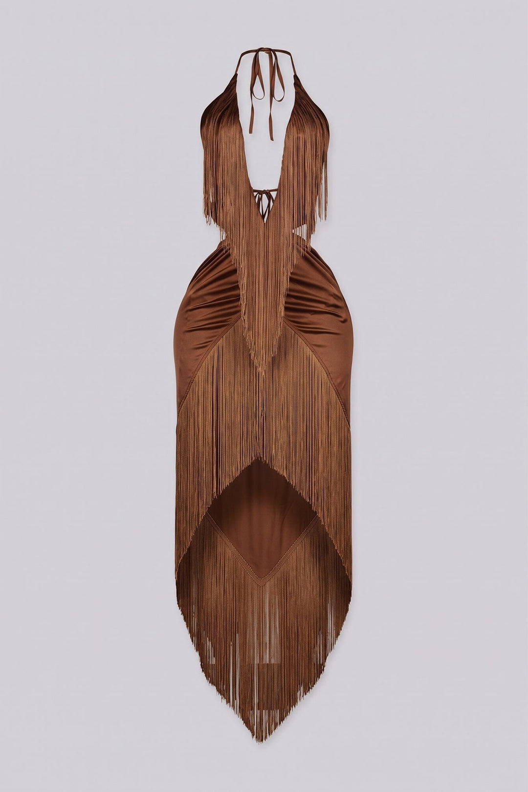 Satin halter maxi dress with all-over fringe detailing, Plunging deep V neckline halter neck tie with ruched details