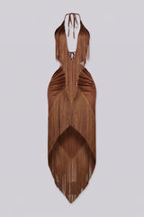 Satin halter maxi dress with all-over fringe detailing, Plunging deep V neckline halter neck tie with ruched details