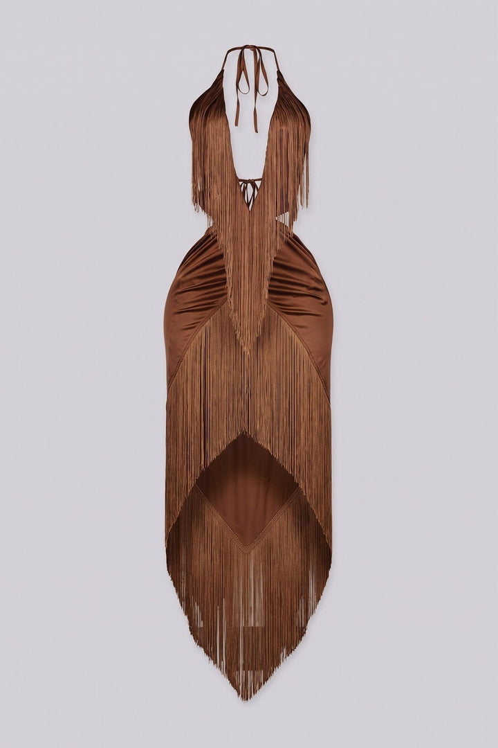 Satin halter maxi dress with all-over fringe detailing, Plunging deep V neckline halter neck tie with ruched details