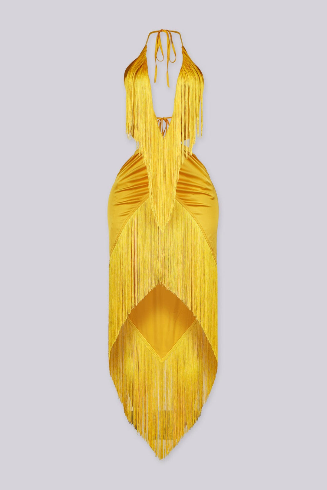 Satin halter maxi dress with all-over fringe detailing, Plunging deep V neckline halter neck tie with ruched details