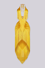 Satin halter maxi dress with all-over fringe detailing, Plunging deep V neckline halter neck tie with ruched details