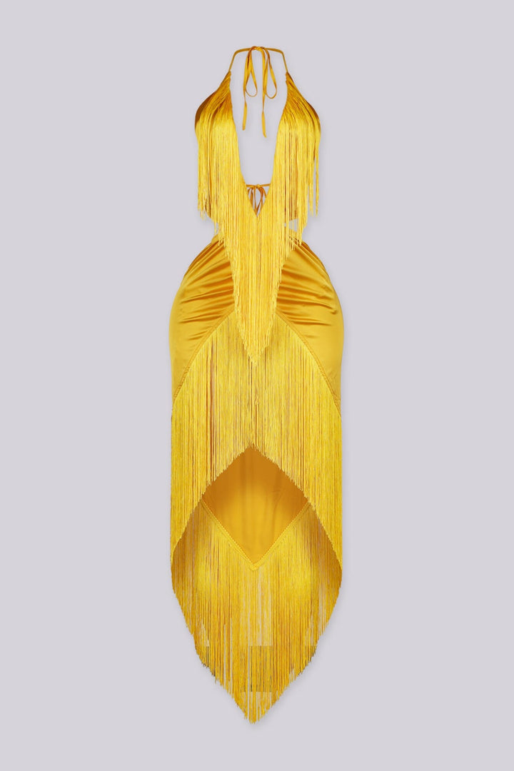Satin halter maxi dress with all-over fringe detailing, Plunging deep V neckline halter neck tie with ruched details