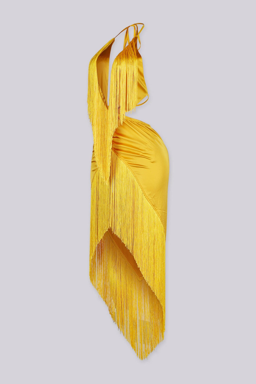 Satin halter maxi dress with all-over fringe detailing, Plunging deep V neckline halter neck tie with ruched details