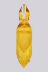 Satin halter maxi dress with all-over fringe detailing, Plunging deep V neckline halter neck tie with ruched details