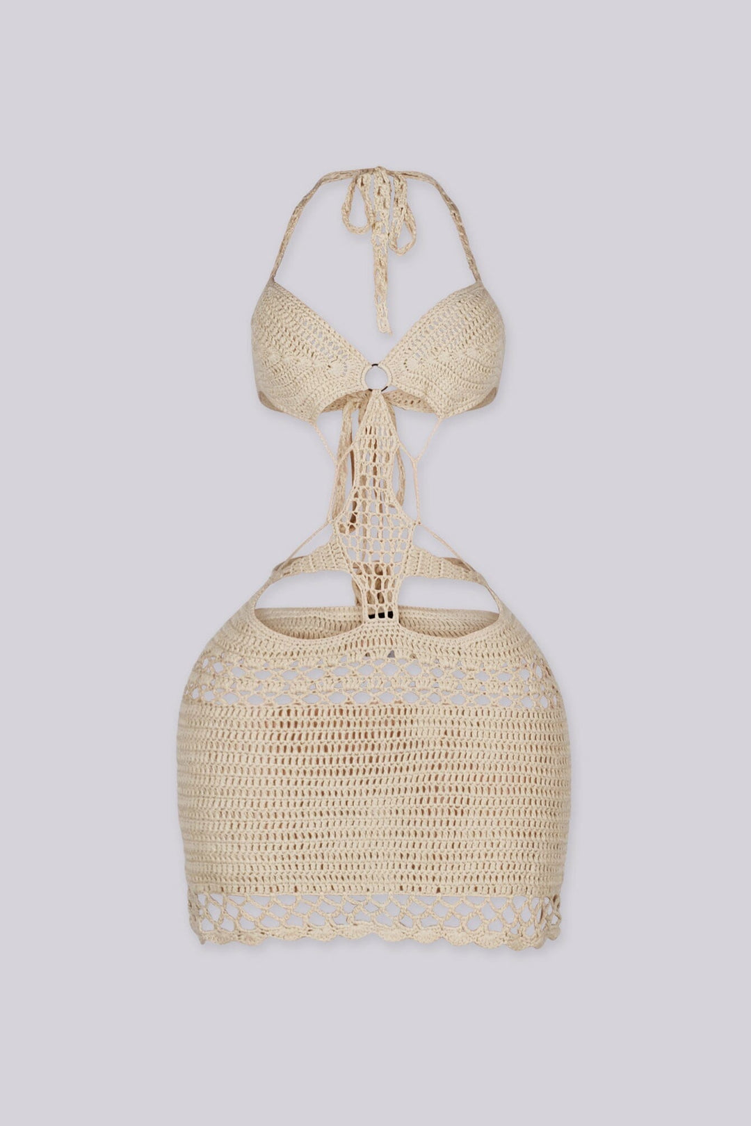 Crochet mini dress featuring a halter neckline and waist cutouts with an O ring detail