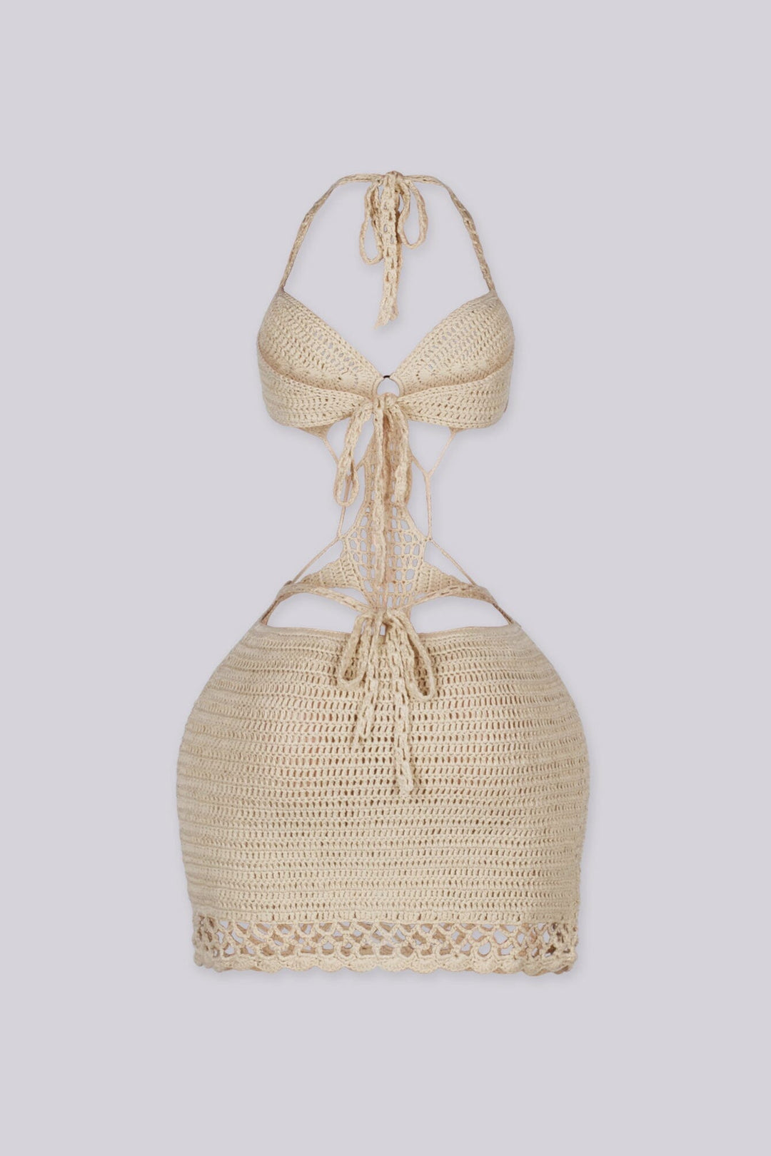 Crochet mini dress featuring a halter neckline and waist cutouts with an O ring detail