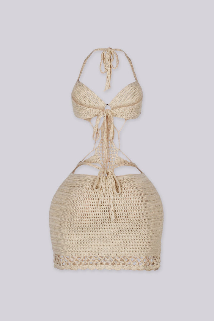 Crochet mini dress featuring a halter neckline and waist cutouts with an O ring detail