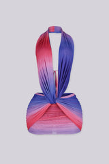 Pink and purple ombre mesh mini dress with plunging deep V draped neckline featuring bold midriff cut-out