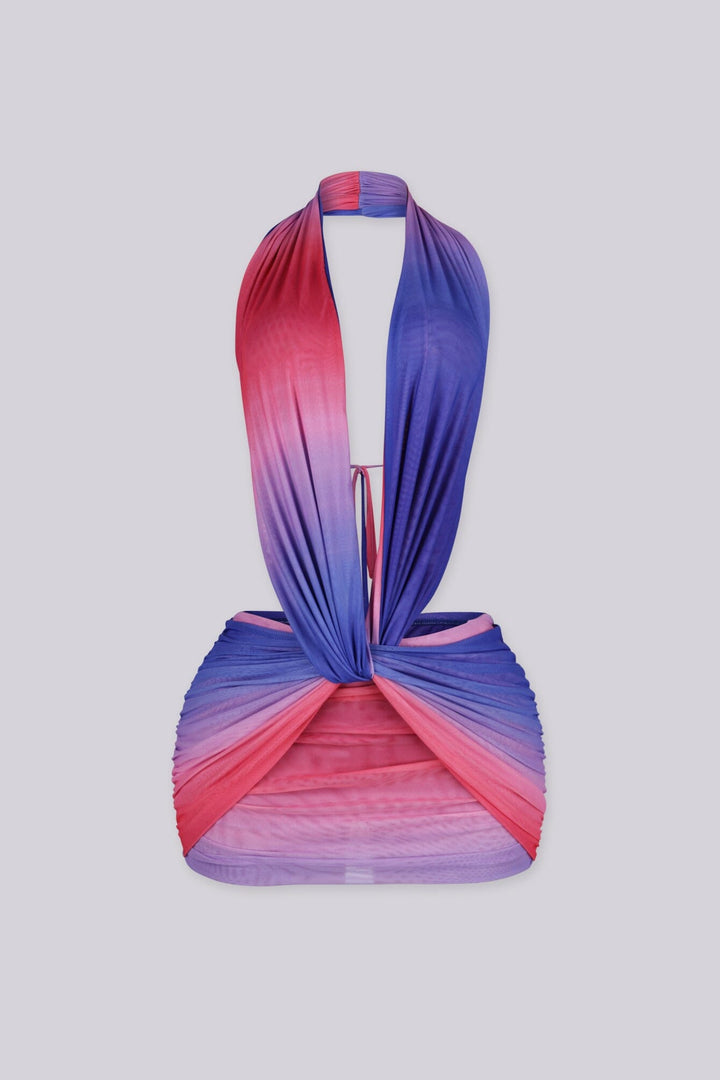 Pink and purple ombre mesh mini dress with plunging deep V draped neckline featuring bold midriff cut-out