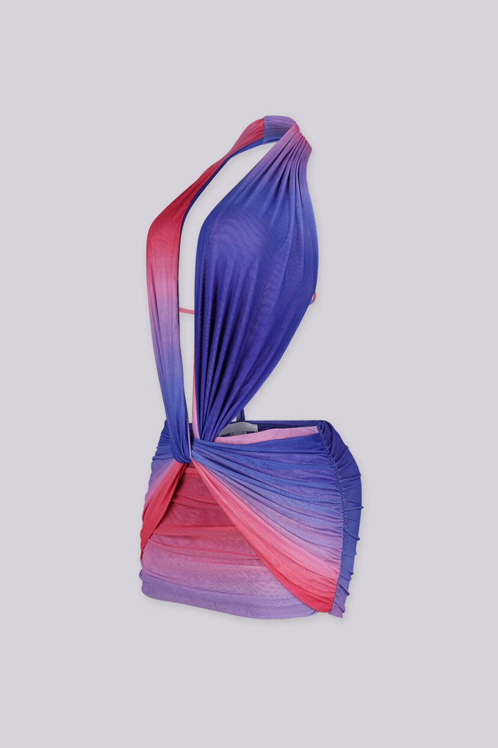 Pink and purple ombre mesh mini dress with plunging deep V draped neckline featuring bold midriff cut-out