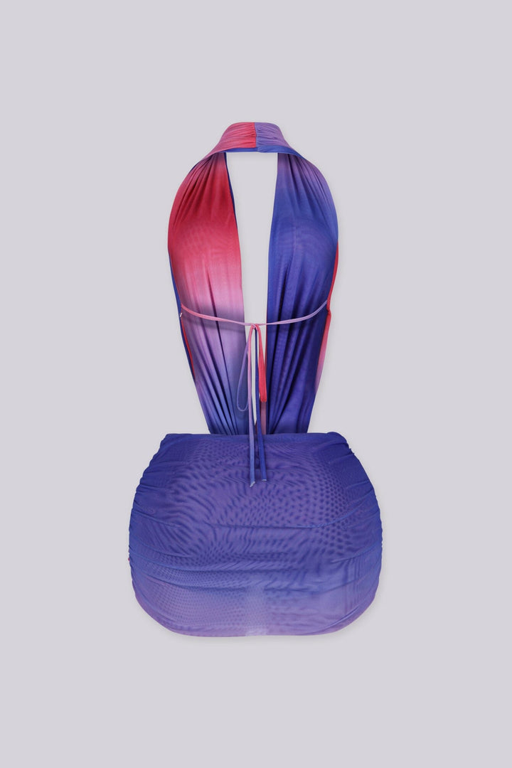 Pink and purple ombre mesh mini dress with plunging deep V draped neckline featuring bold midriff cut-out