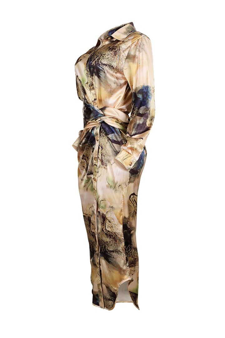 EDGE — mocha abstract print satin maxi dress, side view flat lay