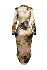 EDGE — mocha abstract print satin maxi dress, back view flat lay