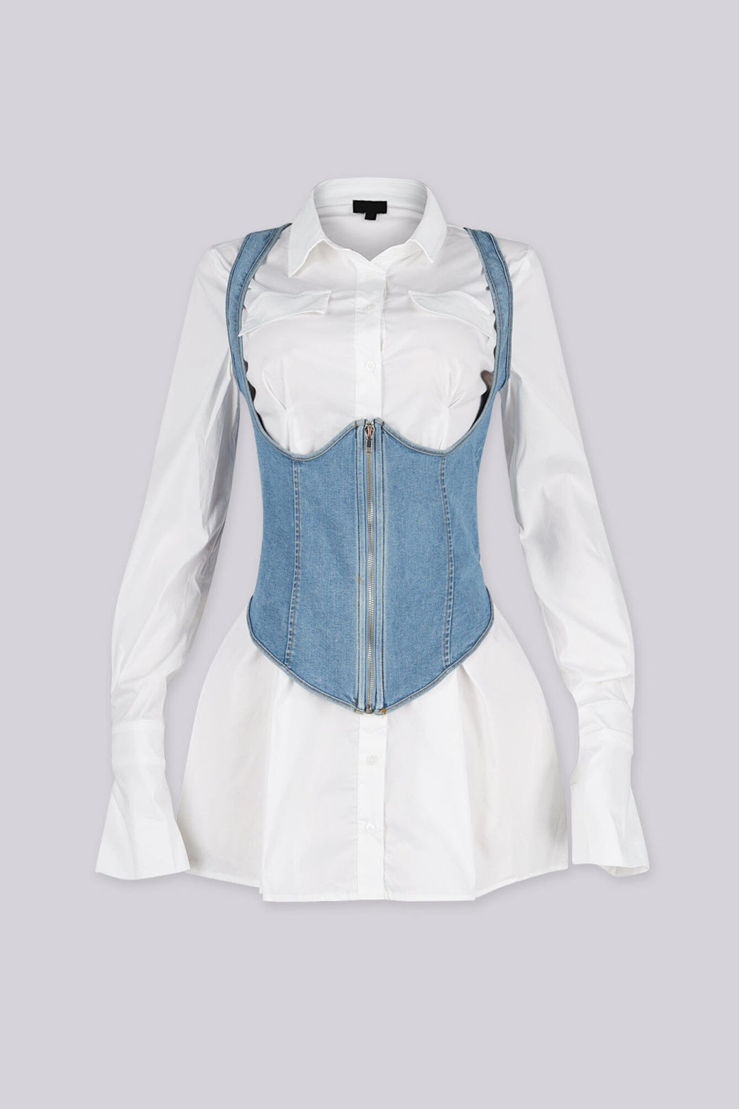 Long-sleeve button-down mini shirt dress featuring classic pointed collar, Sleeveless halter neck denim vest featuring a zip up front and a lace up back
