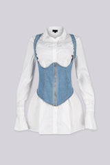 Long-sleeve button-down mini shirt dress featuring classic pointed collar, Sleeveless halter neck denim vest featuring a zip up front and a lace up back