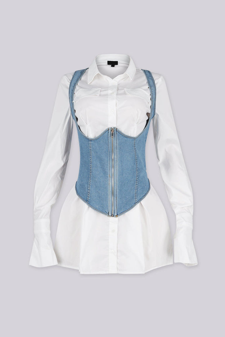 Long-sleeve button-down mini shirt dress featuring classic pointed collar, Sleeveless halter neck denim vest featuring a zip up front and a lace up back