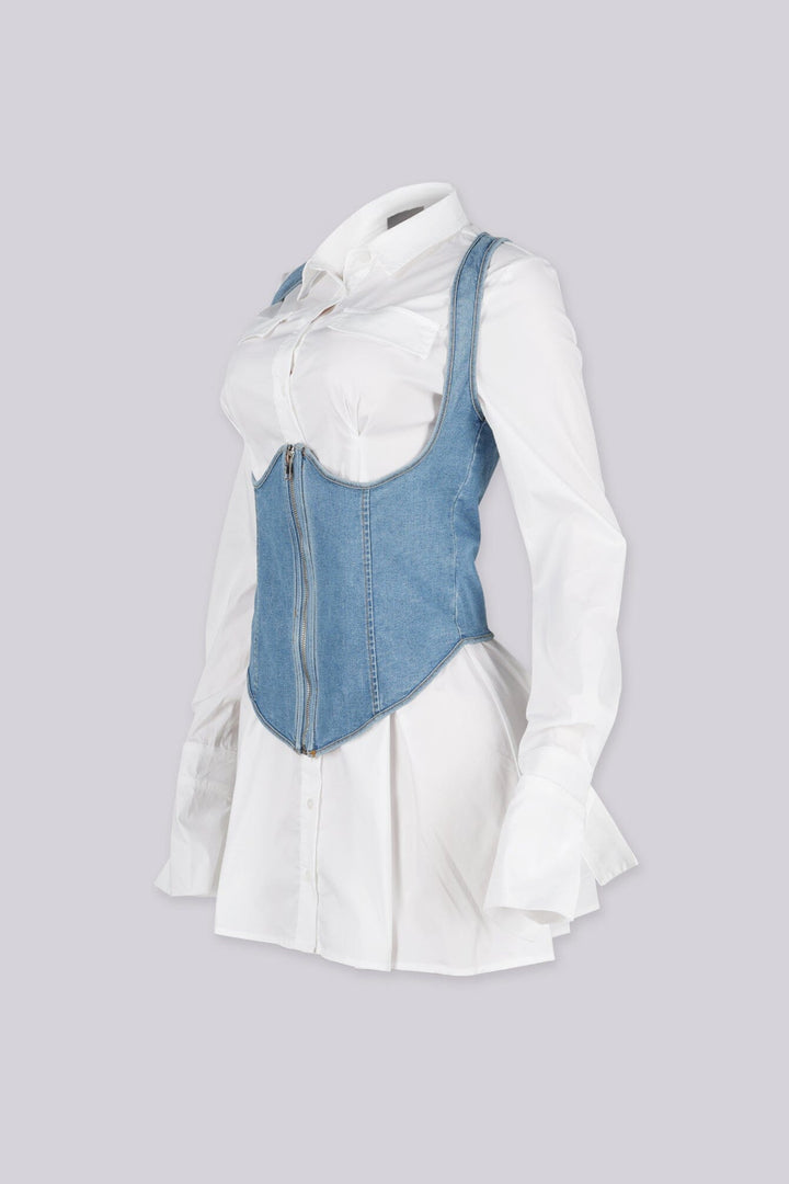 Long-sleeve button-down mini shirt dress featuring classic pointed collar, Sleeveless halter neck denim vest featuring a zip up front and a lace up back