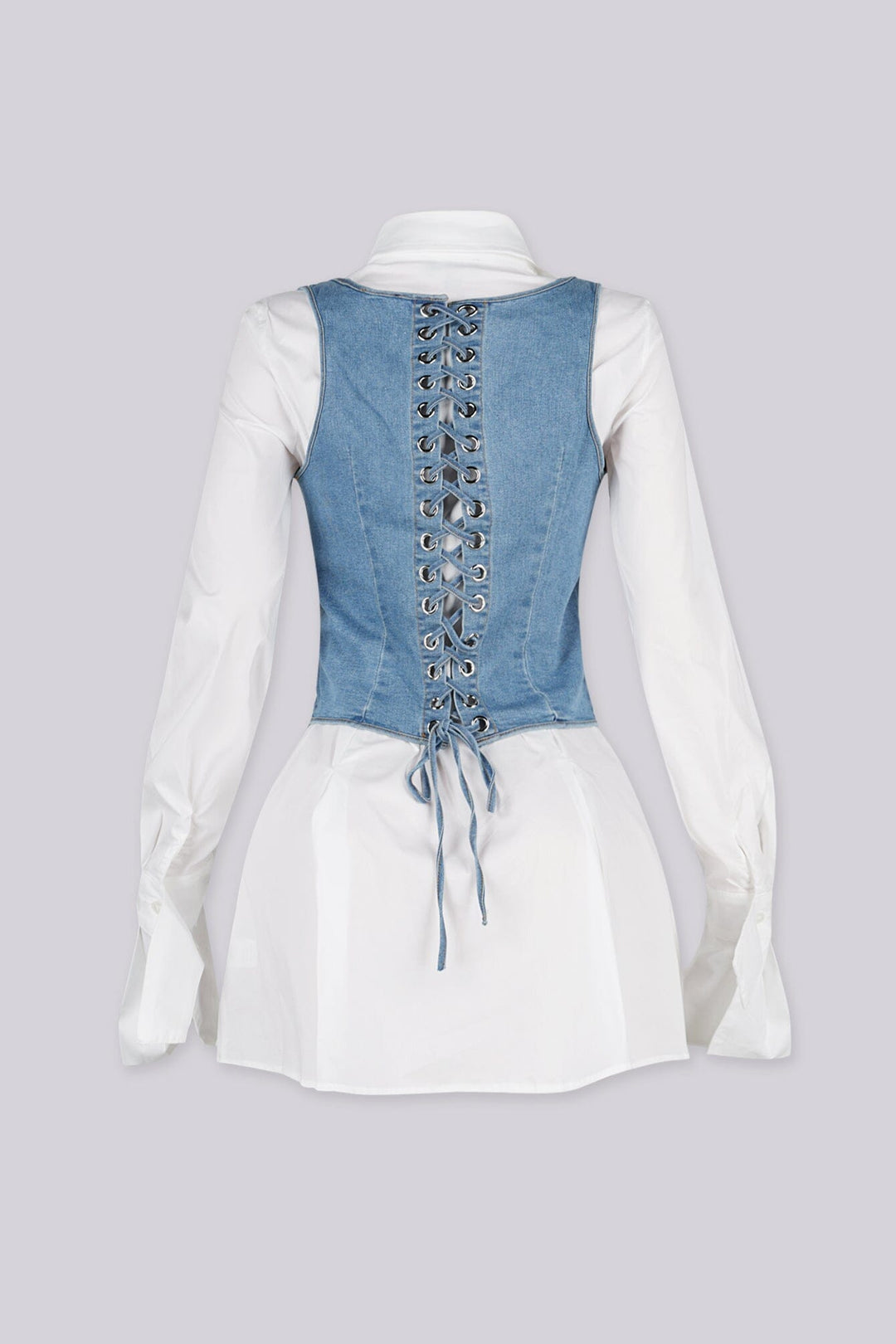 Long-sleeve button-down mini shirt dress featuring classic pointed collar, Sleeveless halter neck denim vest featuring a zip up front and a lace up back