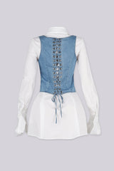 Long-sleeve button-down mini shirt dress featuring classic pointed collar, Sleeveless halter neck denim vest featuring a zip up front and a lace up back