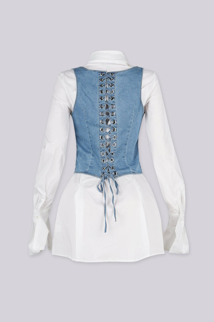 Long-sleeve button-down mini shirt dress featuring classic pointed collar, Sleeveless halter neck denim vest featuring a zip up front and a lace up back