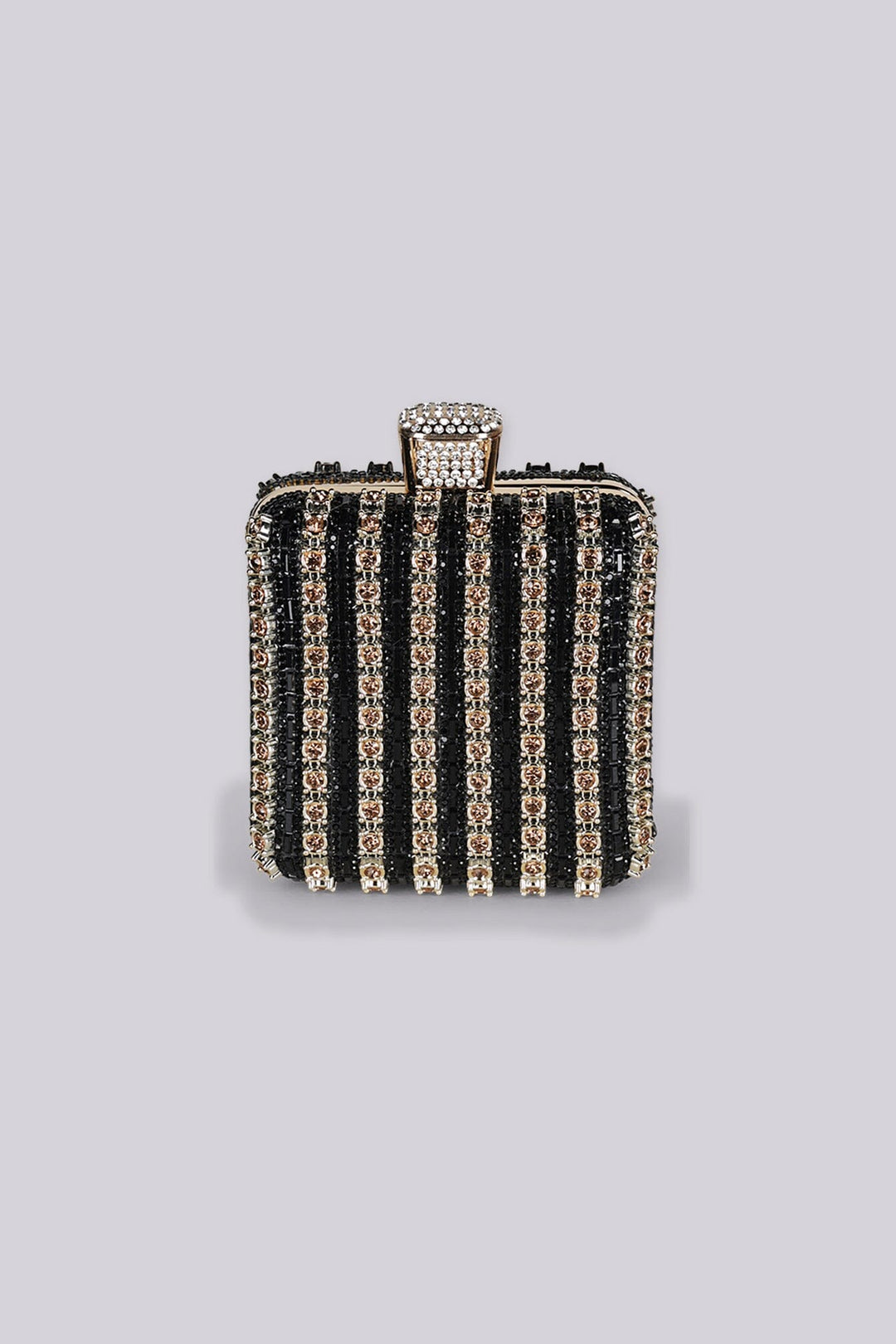 Structured rectangular frame mini clutch bag with oversized top clasp closure featuring rhinestone embellishment details