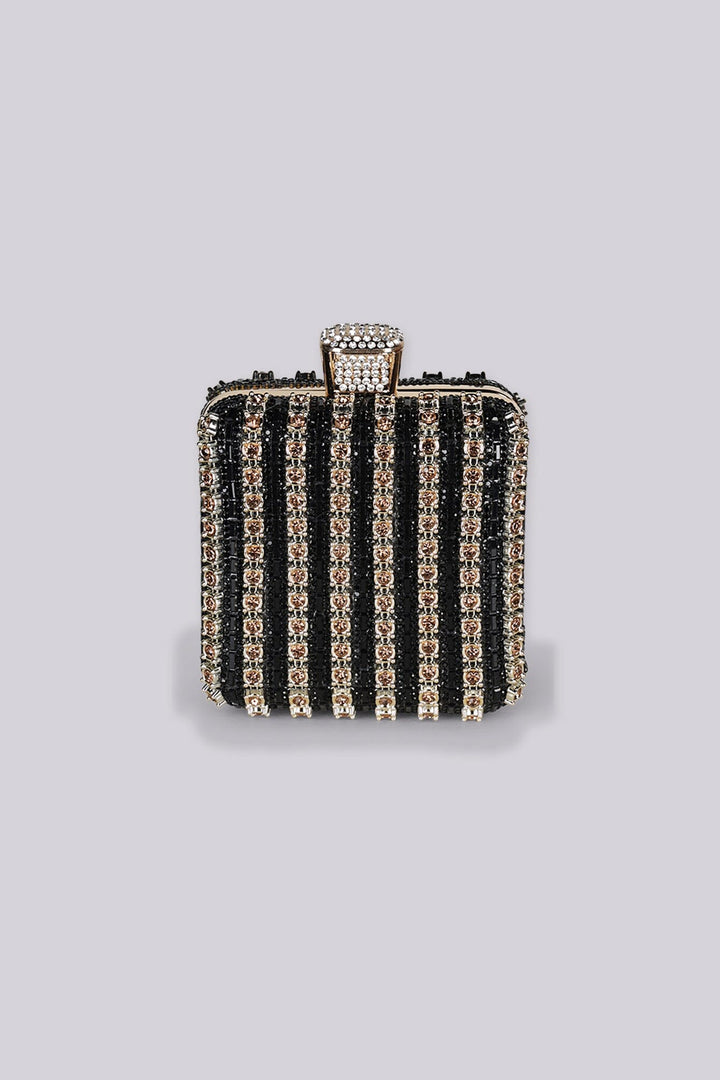 Structured rectangular frame mini clutch bag with oversized top clasp closure featuring rhinestone embellishment details