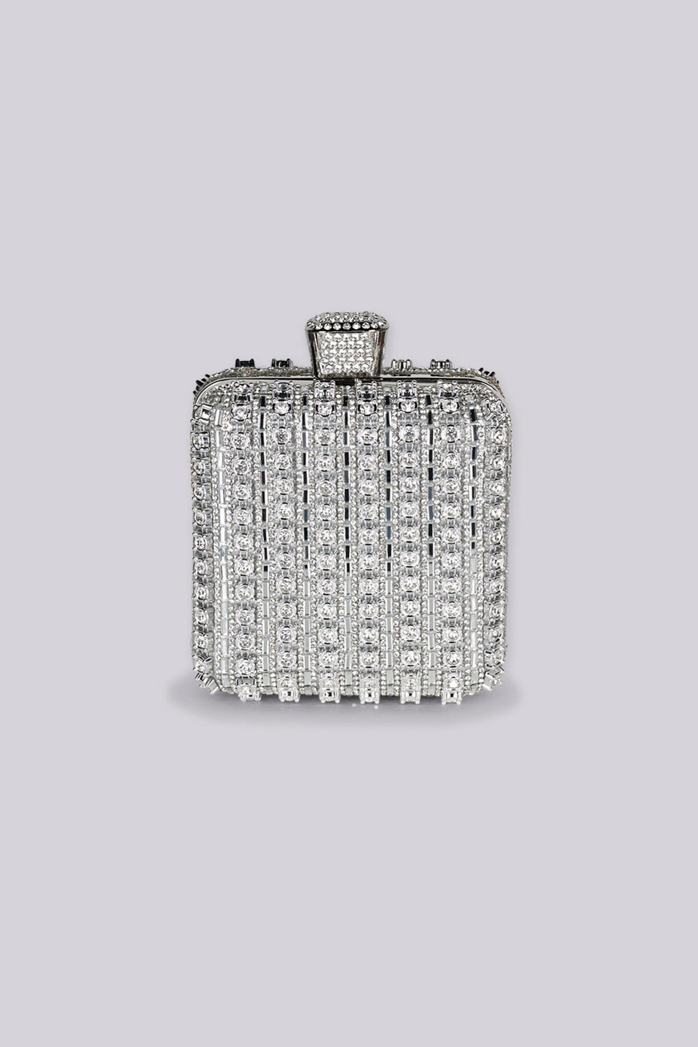 Structured rectangular frame mini clutch bag with oversized top clasp closure featuring rhinestone embellishment details
