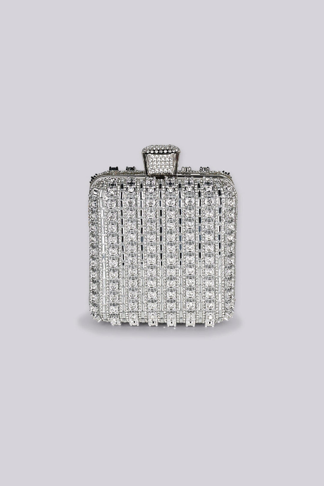 Structured rectangular frame mini clutch bag with oversized top clasp closure featuring rhinestone embellishment details