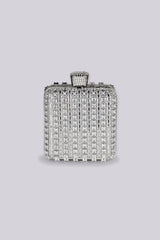 Structured rectangular frame mini clutch bag with oversized top clasp closure featuring rhinestone embellishment details
