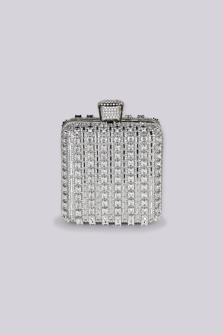 Structured rectangular frame mini clutch bag with oversized top clasp closure featuring rhinestone embellishment details