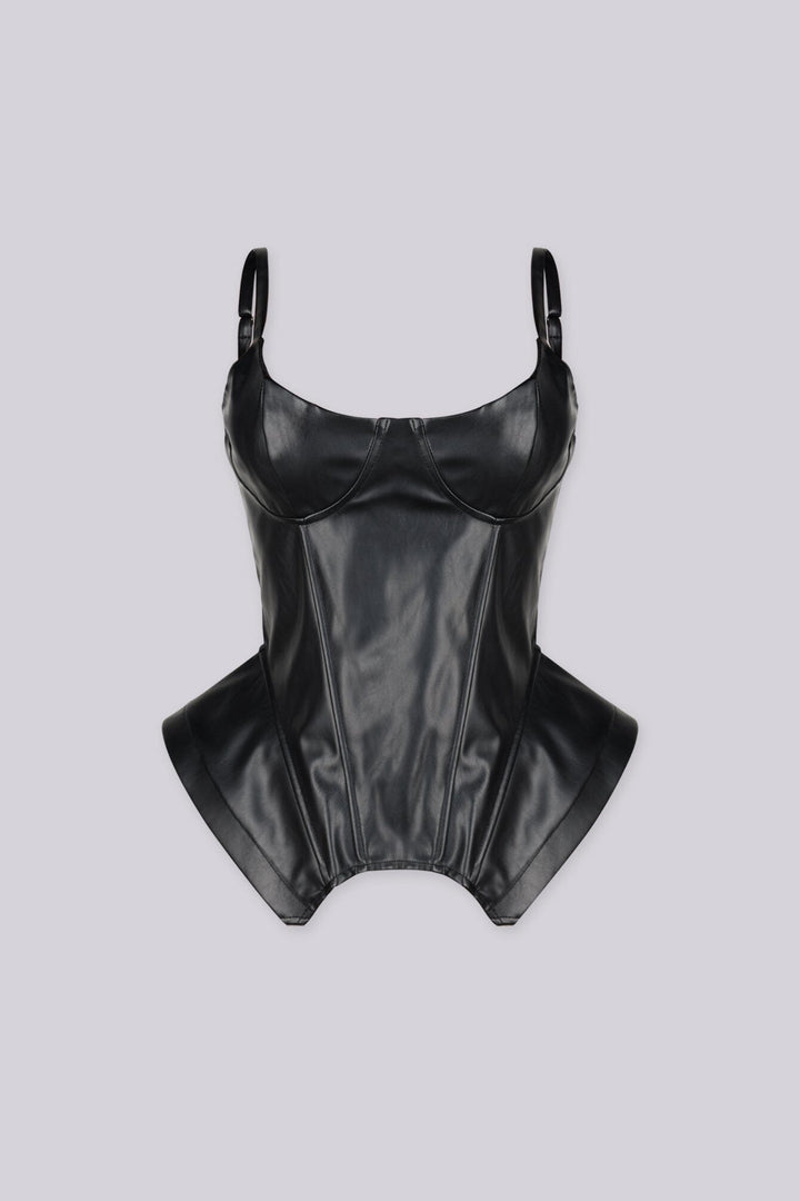 Sweetheart neckline faux leather corset top with adjustable straps