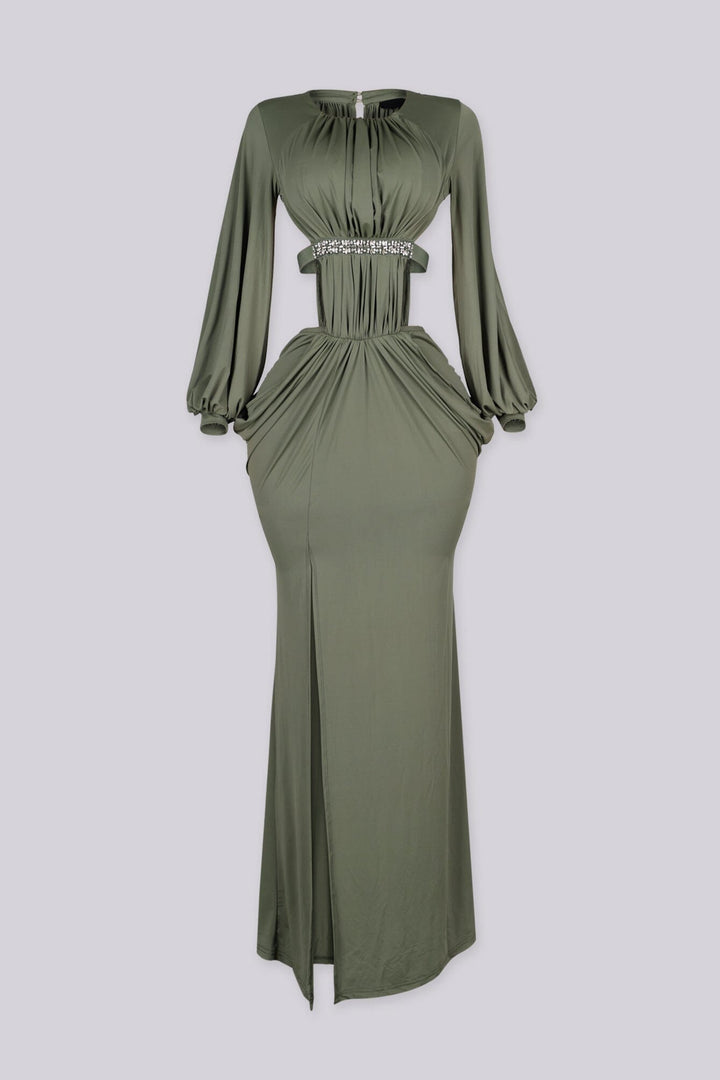 Long sleeve maxi dress with ruched high neckline and side waist cutouts featuring rhinestone trim detail