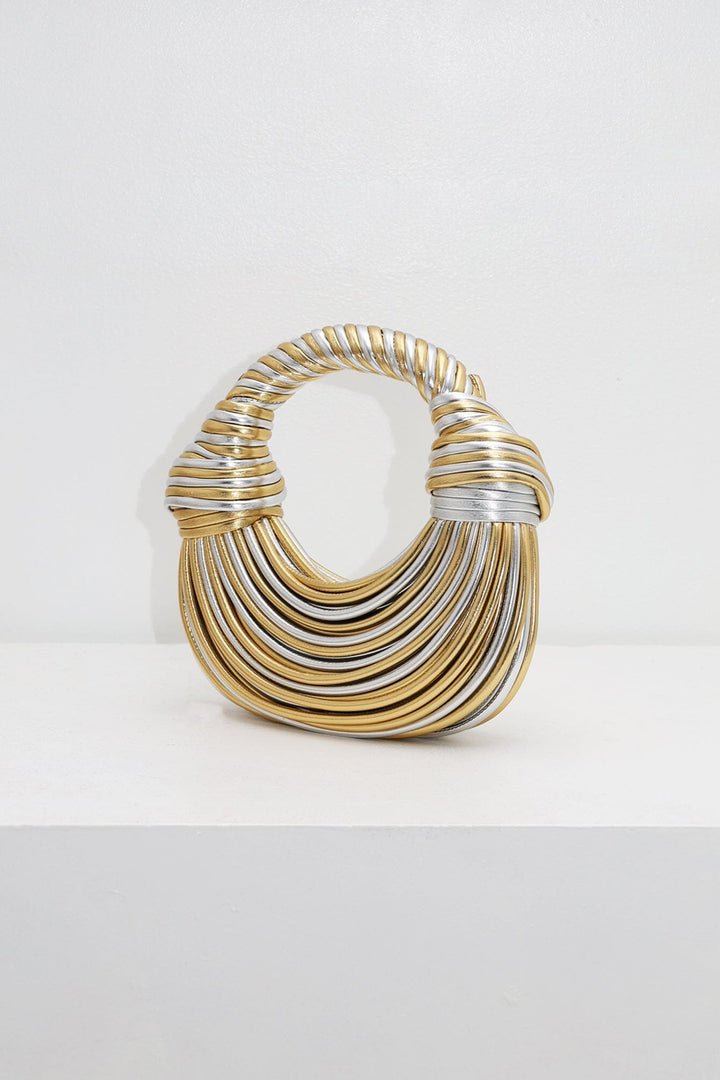 EDGE — gold and silver ribbed half-moon top-handle bag, front view flat lay