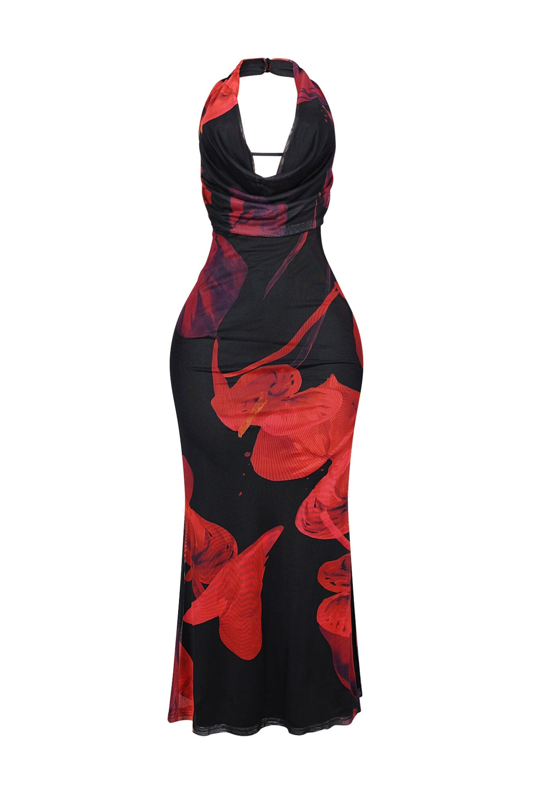 EDGE — black and red rose print mesh halter cowl maxi dress, front view flat lay