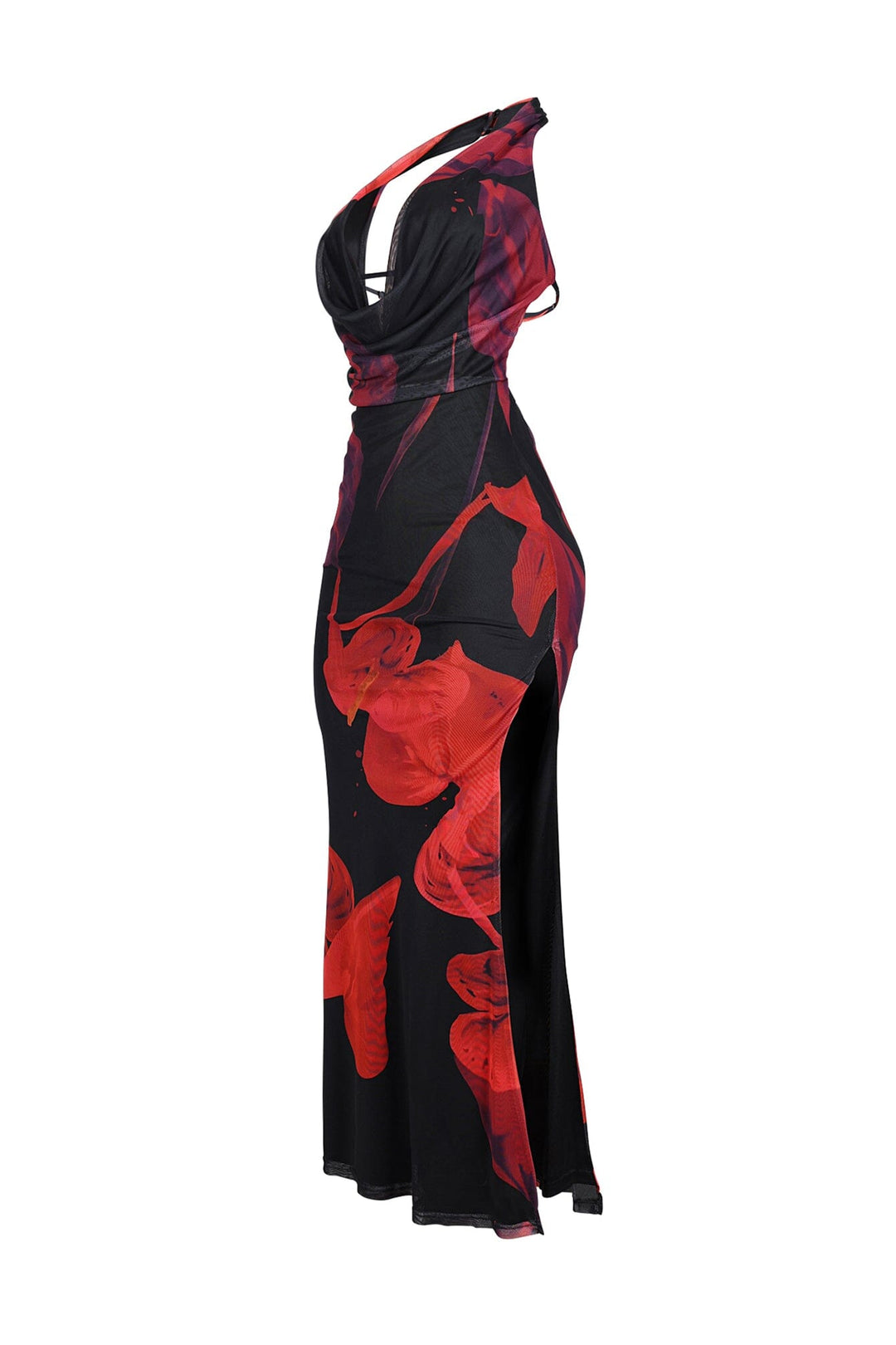 EDGE — black and red rose print mesh halter cowl maxi dress, side view flat lay