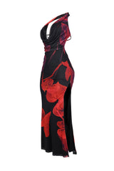 EDGE — black and red rose print mesh halter cowl maxi dress, side view flat lay
