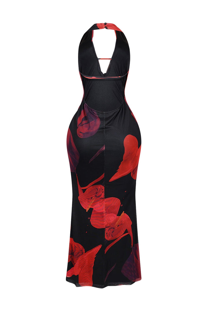 EDGE — black and red rose print mesh halter cowl maxi dress, back view flat lay