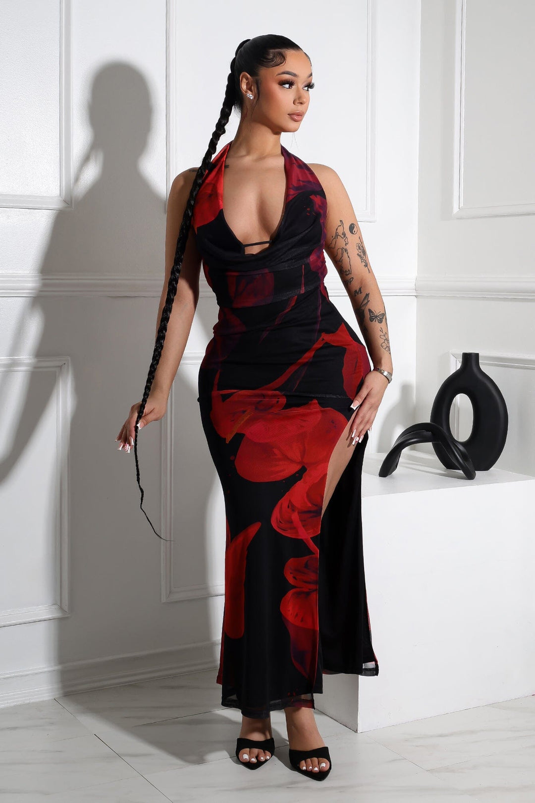 EDGE — black and red rose print mesh halter cowl maxi dress, front view on model