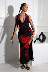EDGE — black and red rose print mesh halter cowl maxi dress, front view on model