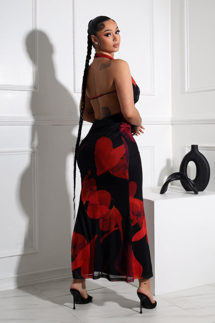 EDGE — black and red rose print mesh halter cowl maxi dress, back view on model