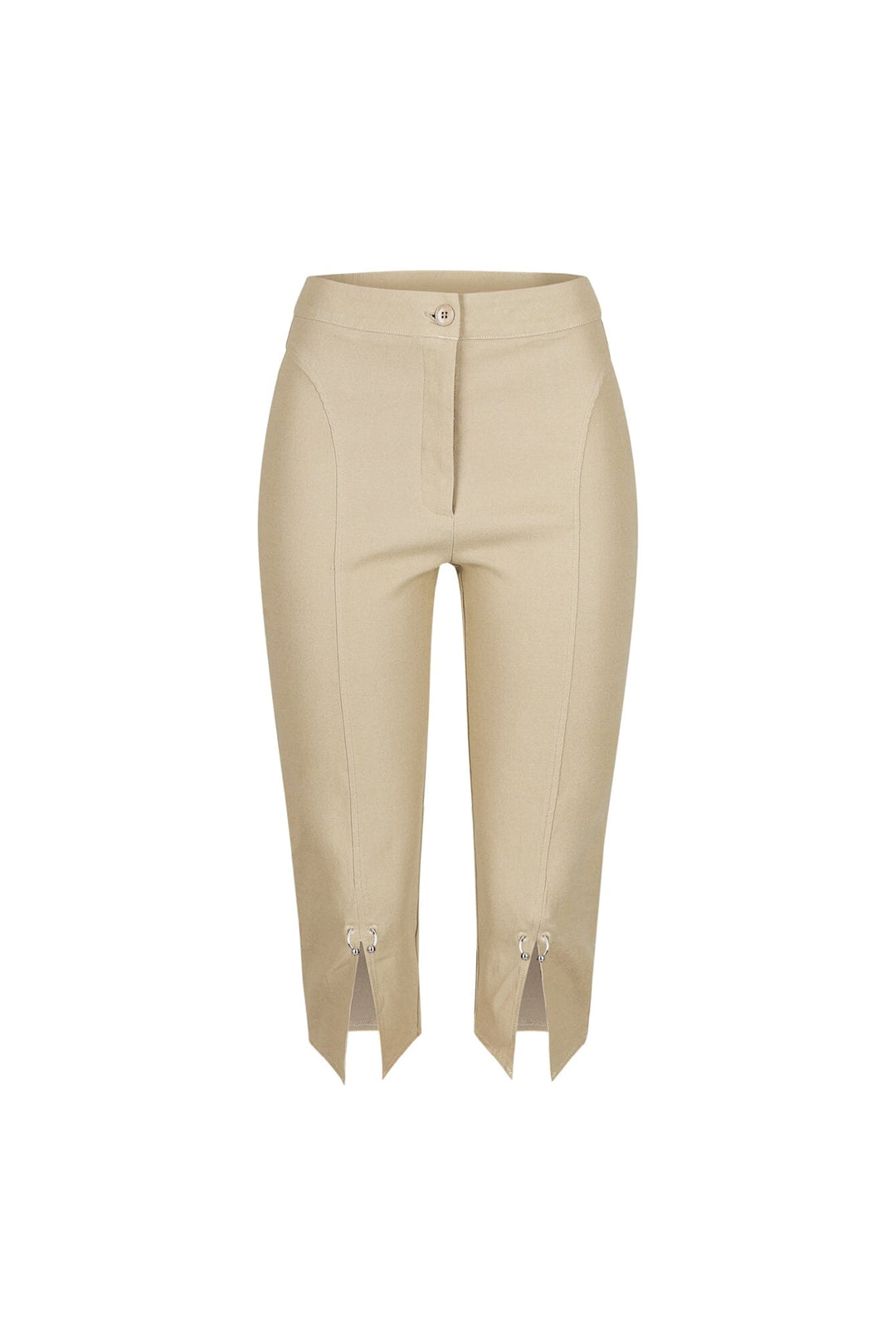 EDGE — taupe zip-slit capri pants, front view flat lay