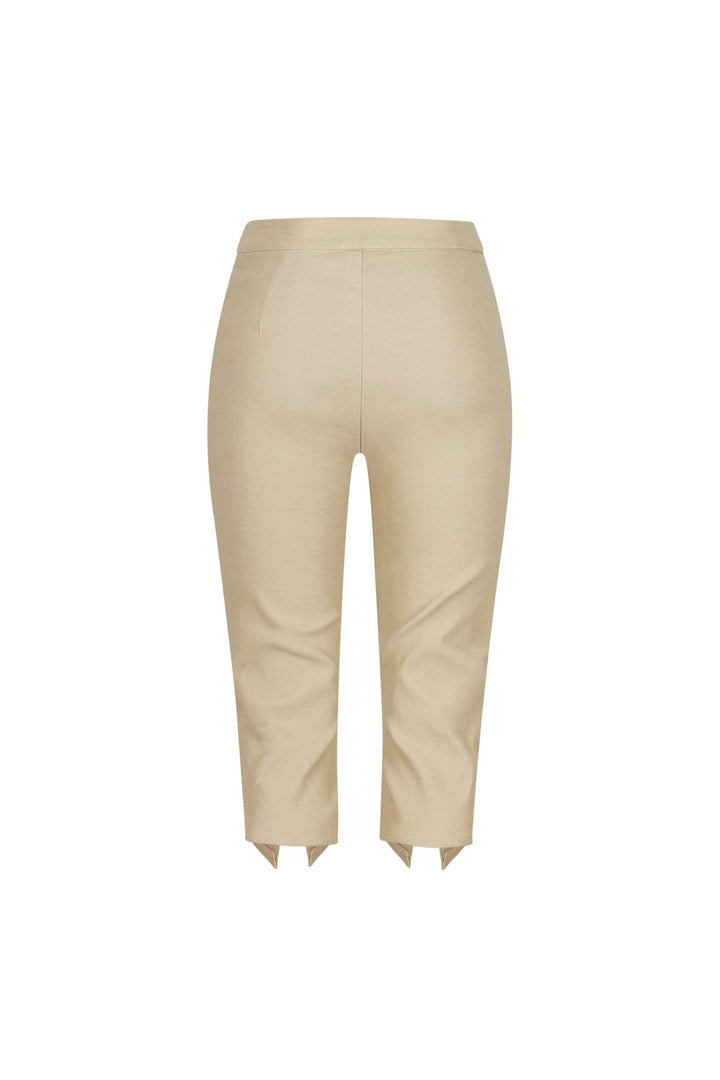 EDGE — taupe zip-slit capri pants, back view flat lay