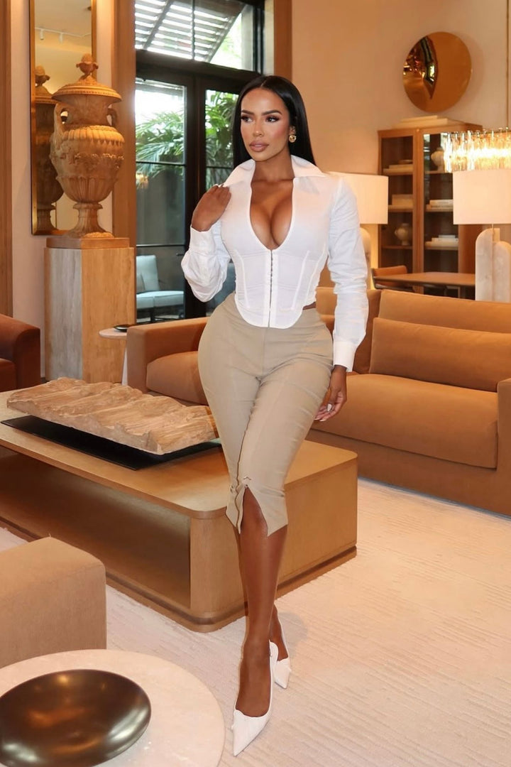 EDGE — taupe zip-slit capri pants styled with a white blouse, front view on model