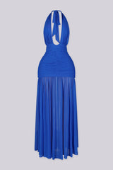 Deep plunge halter V-neck maxi dress with dramatic open back
Ruched mesh overlay with gathered detailing and low-back drape