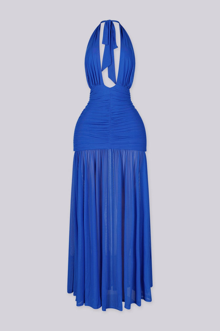 Deep plunge halter V-neck maxi dress with dramatic open back
Ruched mesh overlay with gathered detailing and low-back drape