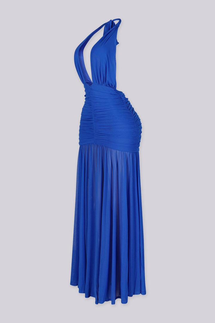Deep plunge halter V-neck maxi dress with dramatic open back
Ruched mesh overlay with gathered detailing and low-back drape