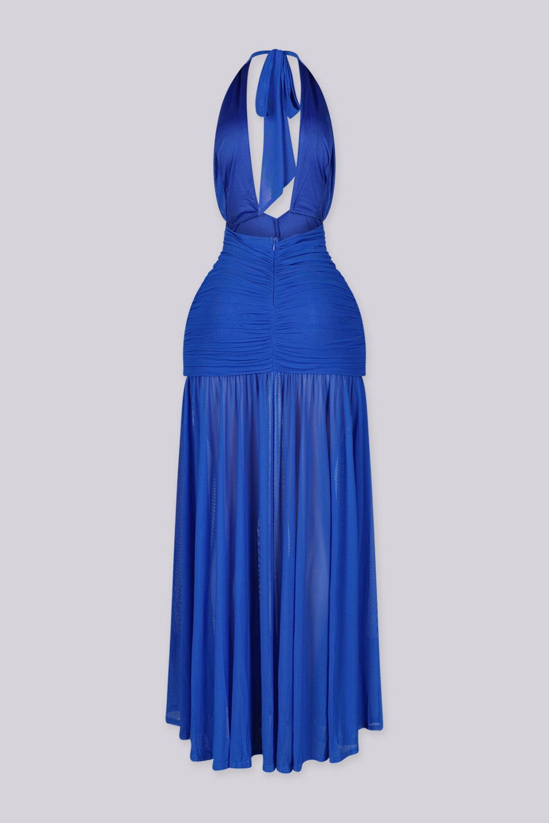 Deep plunge halter V-neck maxi dress with dramatic open back
Ruched mesh overlay with gathered detailing and low-back drape