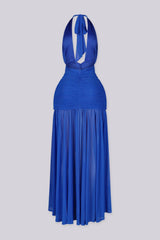 Deep plunge halter V-neck maxi dress with dramatic open back
Ruched mesh overlay with gathered detailing and low-back drape