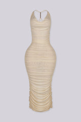 Halter mesh ruched midi dress featuring accent metal detailing at back
