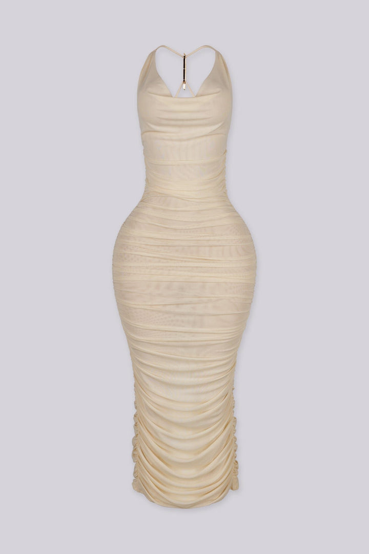Halter mesh ruched midi dress featuring accent metal detailing at back
